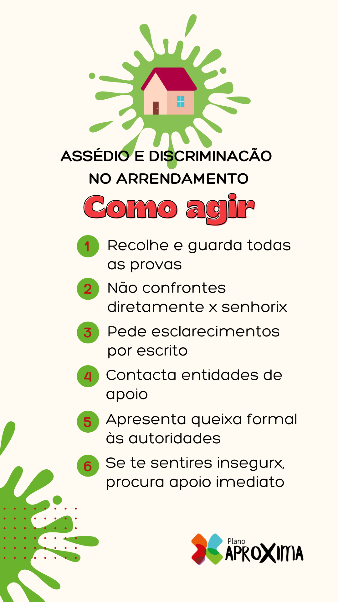 Infográfico sobre como agir em caso de assédio no arrendamento.