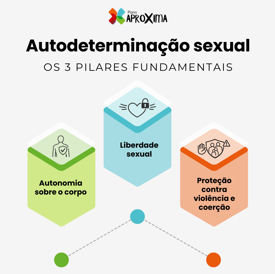 Infográfico com os 3 pilares da autodeterminação sexual: autonomia sobre o corpo, liberdade sexual, proteção contra violência.
