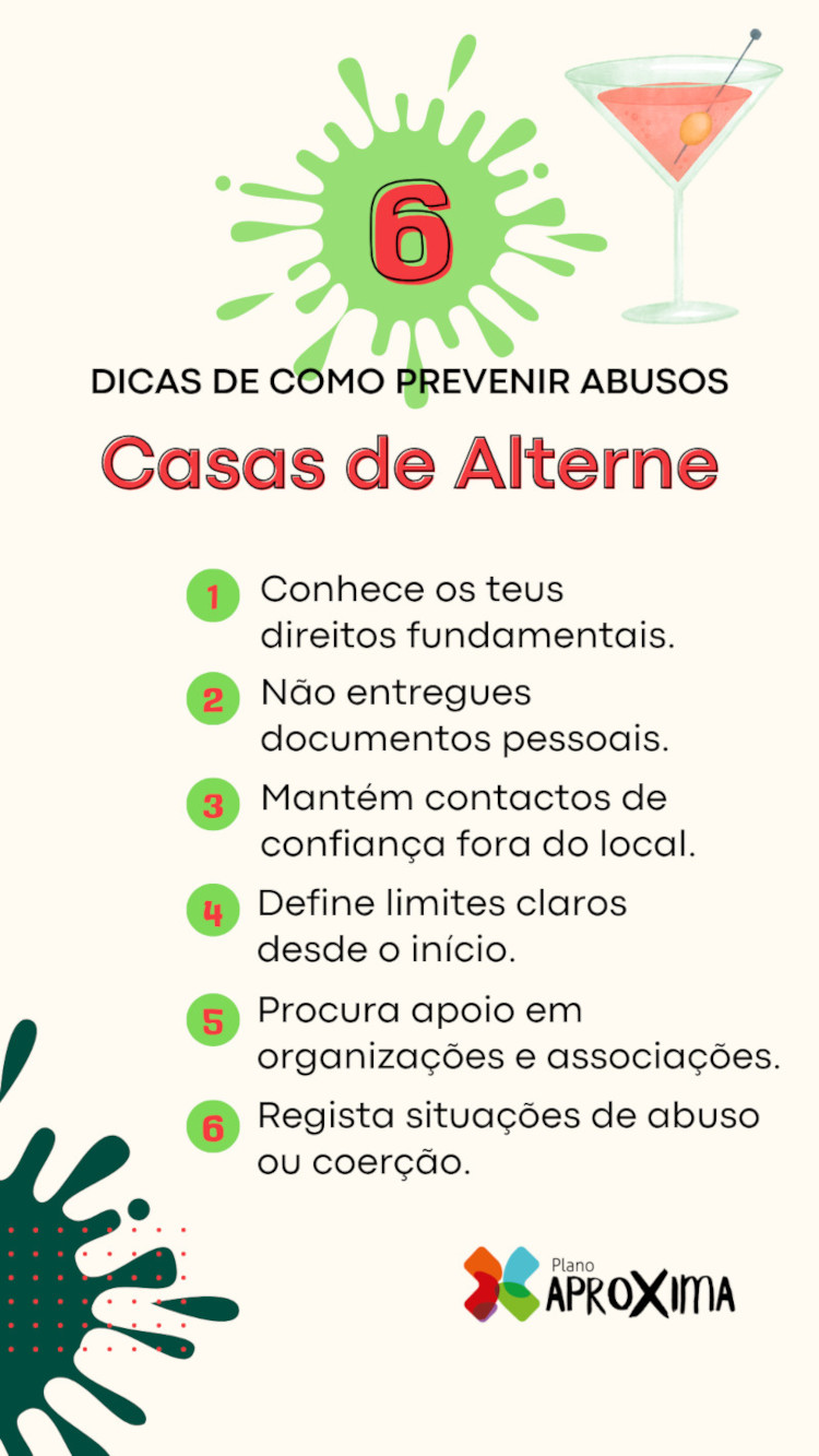 Infográfico com dicas sobre como prevenir abusos em casas de alterne.