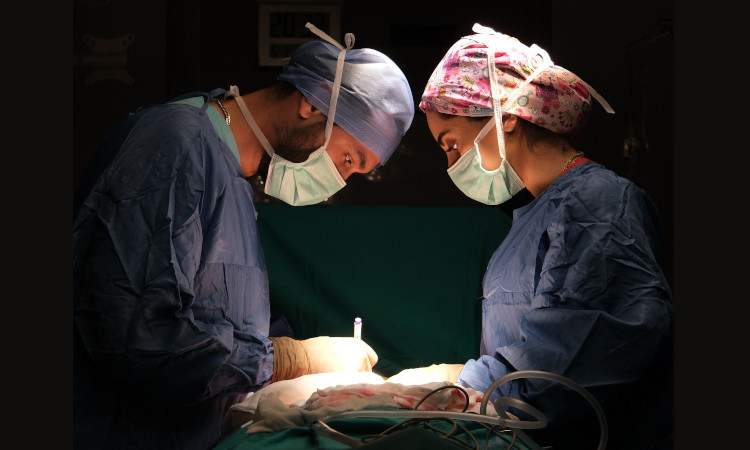 Cirurgião e cirurgiã com máscaras enquanto realizam uma cirurgia de redesignação sexual.