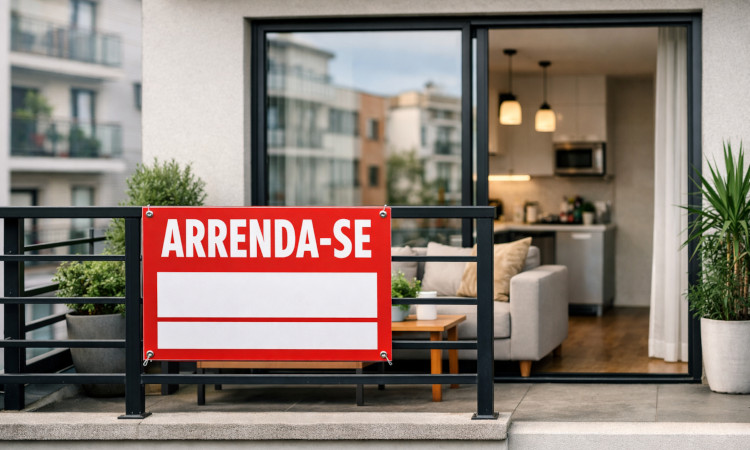 Varanda de apartamento com visão da sala e uma planta no canto, e um letreiro de "Arrenda-se" pendurado.
