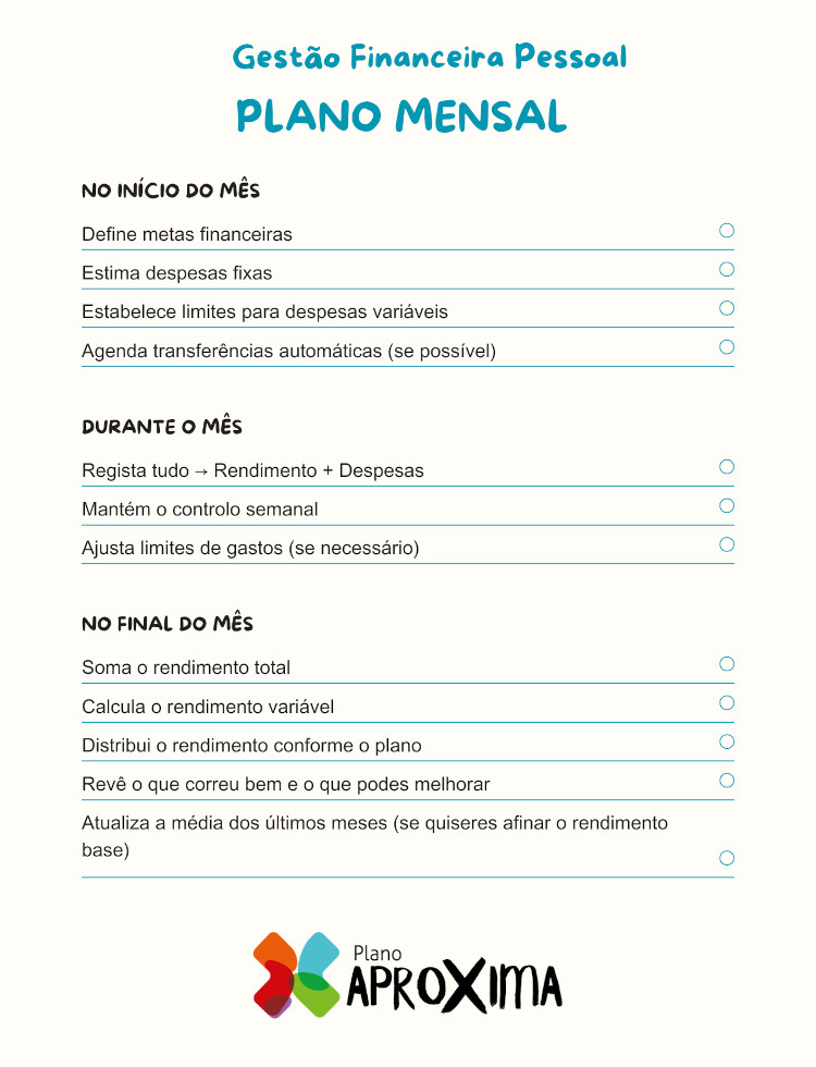 Infográfico sobre gestão financeira pessoal com um plano mensal.