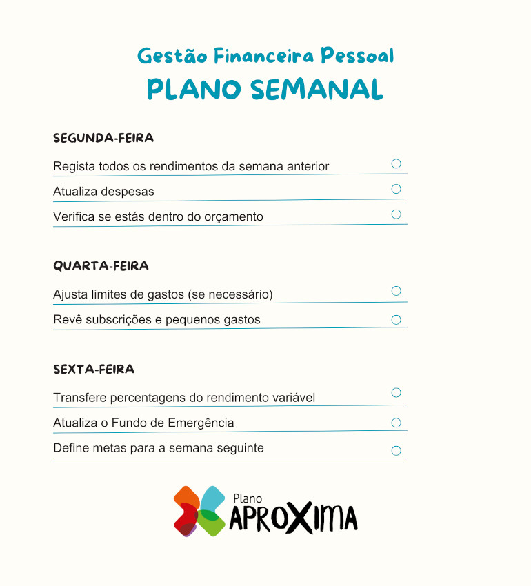 Infográfico sobre gestão financeira pessoal com um plano semanal.