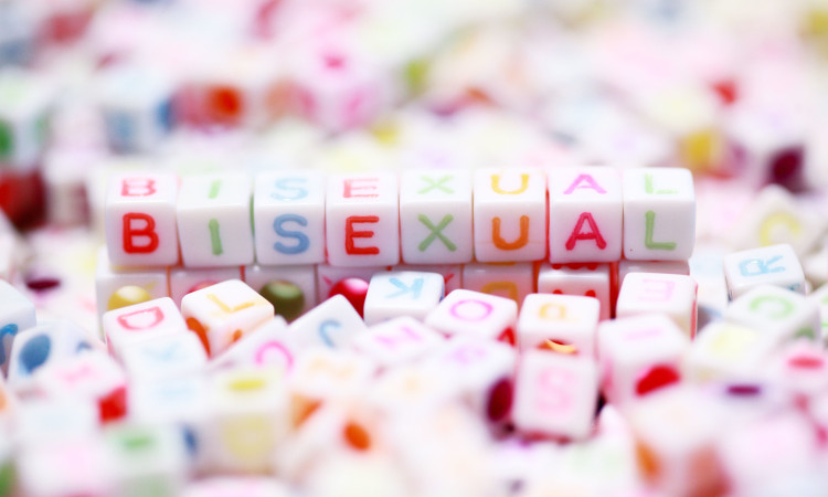 Legos brancos para explicar o que é uma pessoa bissexual com a palavra escrita em Inglês a várias cores.