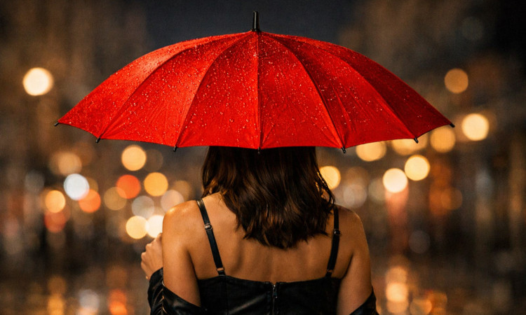 Mulher de costas na noite, a segurar guarda-chuva vermelho com luzes ao fundo, a pensar na profissão mais antiga do mundo.