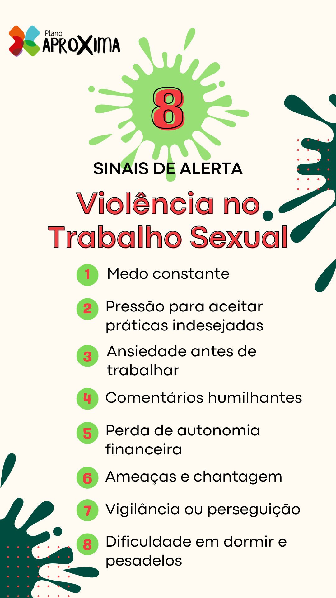 Infográfico com 8 sinais de alerta de violência no Trabalho Sexual.