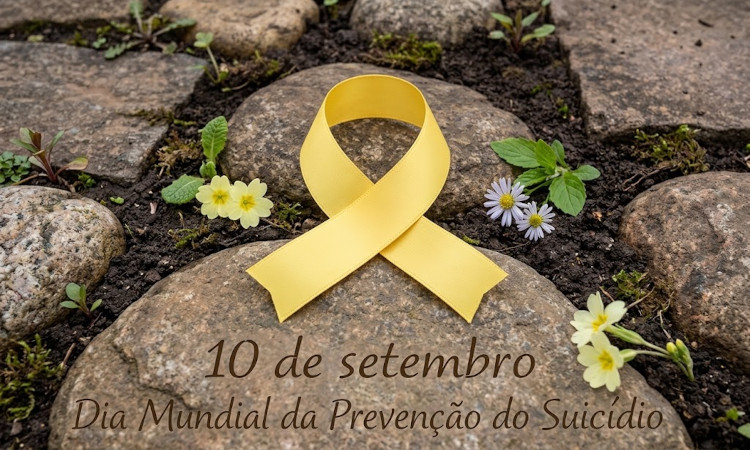 Pedras grandes sobre terra com flores amarelas e lilás e uma fita amarela ao centro, e a legenda "10 de setembro" e "Dia Mundial da Prevenção do Suicídio".