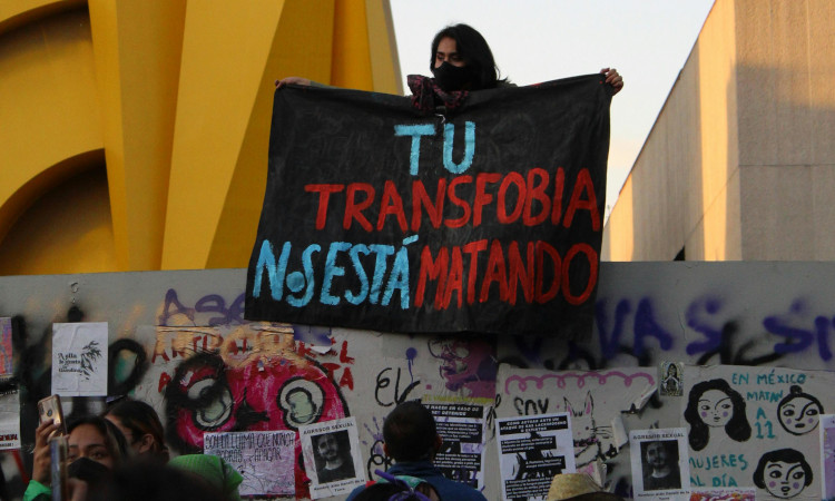 Pessoas com cartazes a olharem para outra que est&aacute; num muro a segurar pano preto com inscri&ccedil;&atilde;o colorida contra a transfobia.