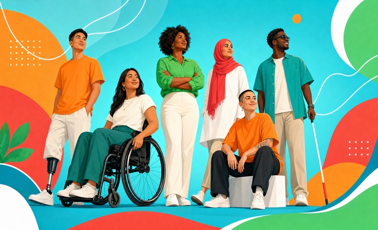 desenho de várias pessoas com e sem diversidade funcional