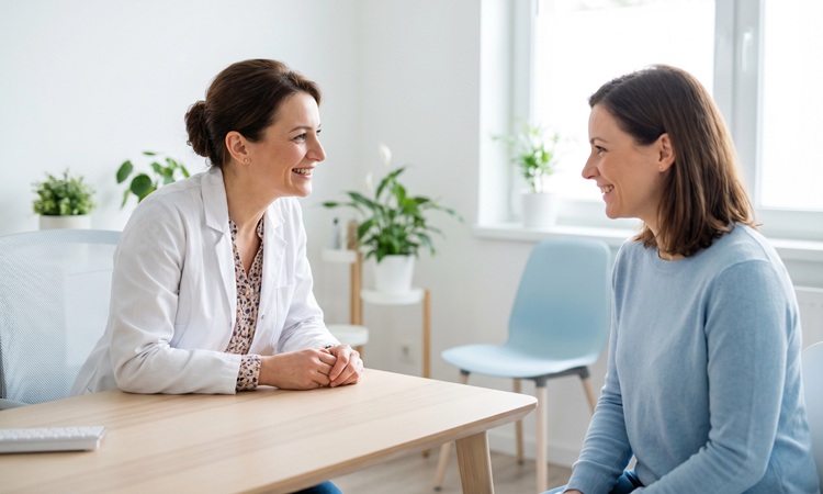 mulher em consultório com uma ginecologista