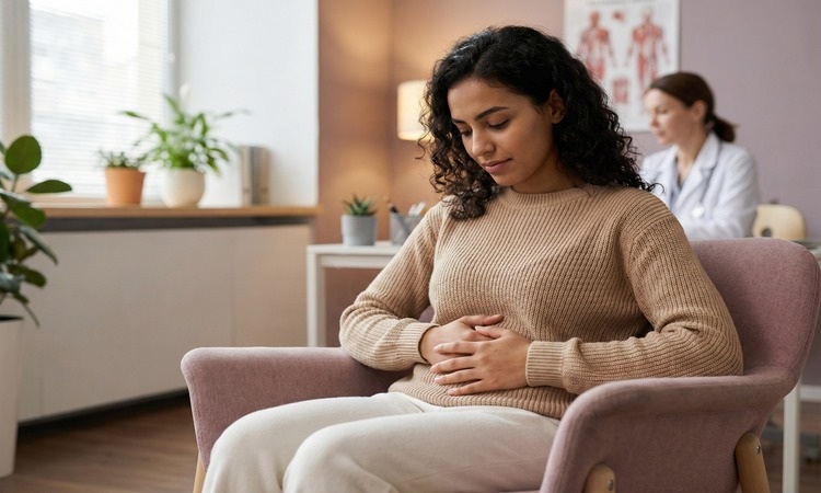 mulher sentada em consultório médico, agarrada à barriga
