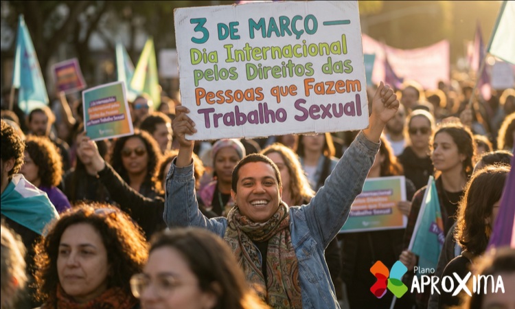 pessoa segura cartaz em manifestação onde tem escrito 3 de março - dia internacional pelos direitos das pessoas que fazem trabalho sexual