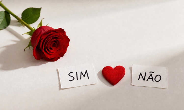 rosa vermelha e cartões de sim e não simbolizando o consentimento sexual separados por um coração vermelho