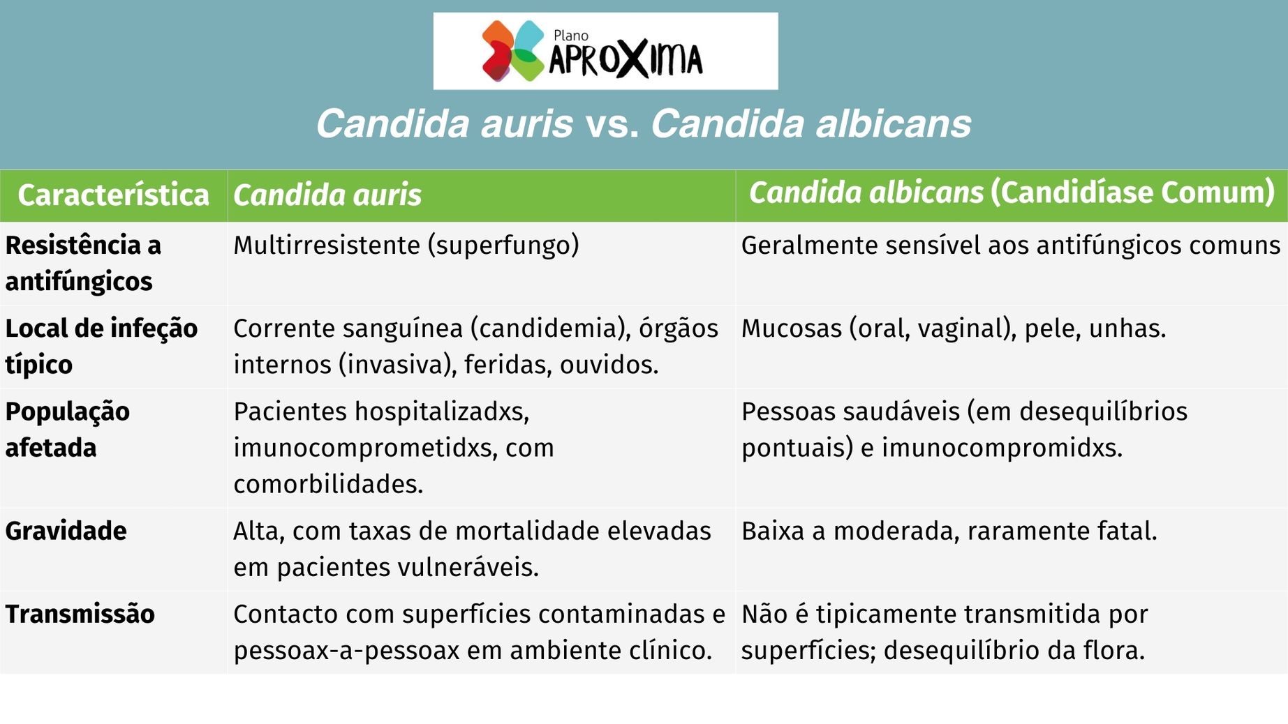 tabela com as diferenças entre candida auris e candida albicans