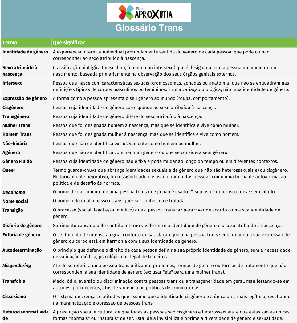 tabela glossário trans e de identidade de género
