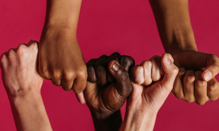 Mãos de cores diferentes de punho cerrado, colocadas lado a lado para representar a justiça social.
