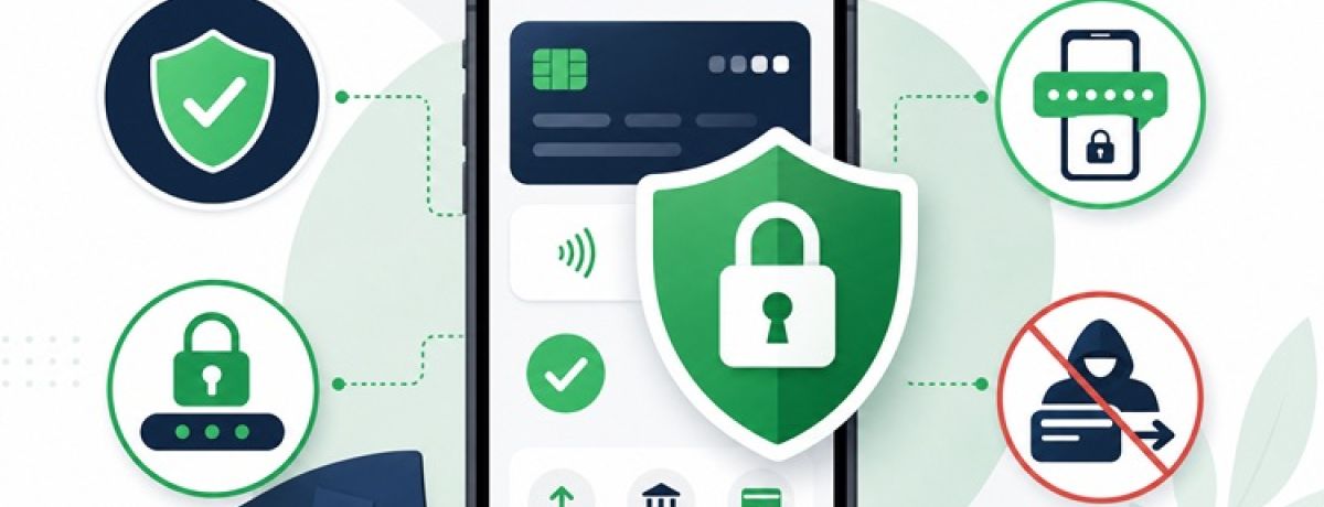 aplicação bancária no telemóvel com símbolos de proteção digital