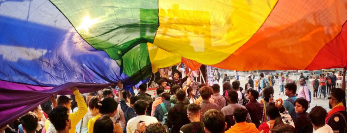 Multidão de pessoas na rua, demonstrando as várias identidades da interseccionalidade com a bandeira LGBPTQI+ desfraldada, preenchendo toda a parte de cima da imagem.