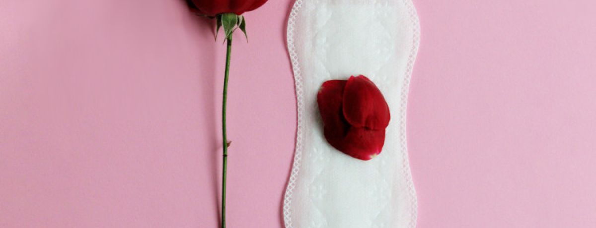 Penso higiénico com pétala vermelha em cima ao lado de uma rosa vermelha a ilustrar o método do calendário.