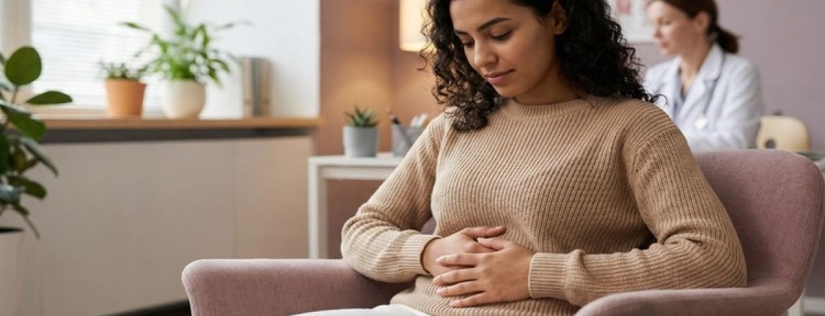mulher sentada em consultório médico, agarrada à barriga