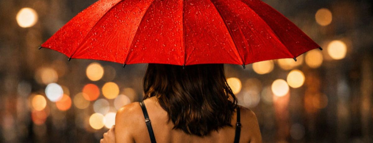 Mulher de costas na noite, a segurar guarda-chuva vermelho com luzes ao fundo, a pensar na profissão mais antiga do mundo.