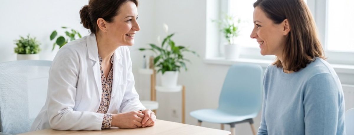 mulher em consultório com uma ginecologista