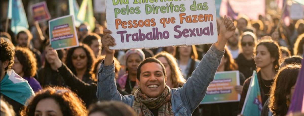 pessoa segura cartaz em manifestação onde tem escrito 3 de março - dia internacional pelos direitos das pessoas que fazem trabalho sexual