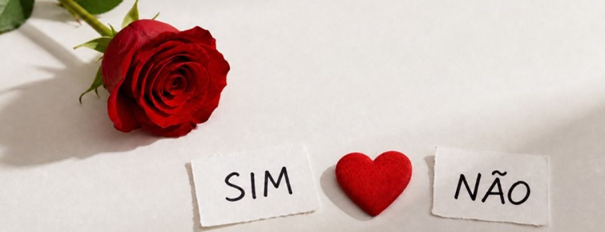 rosa vermelha e cartões de sim e não simbolizando o consentimento sexual separados por um coração vermelho