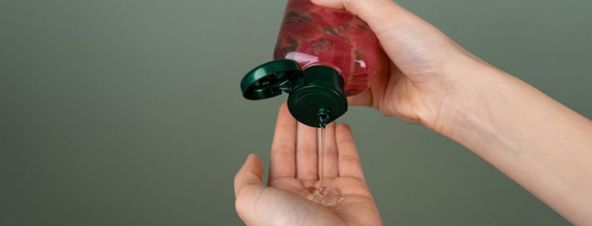 Mão de mulher a segurar lubrificante analgésico em tons rosa e a colocar o gel na outra mão.