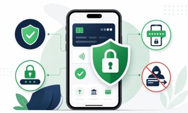 aplicação bancária no telemóvel com símbolos de proteção digital