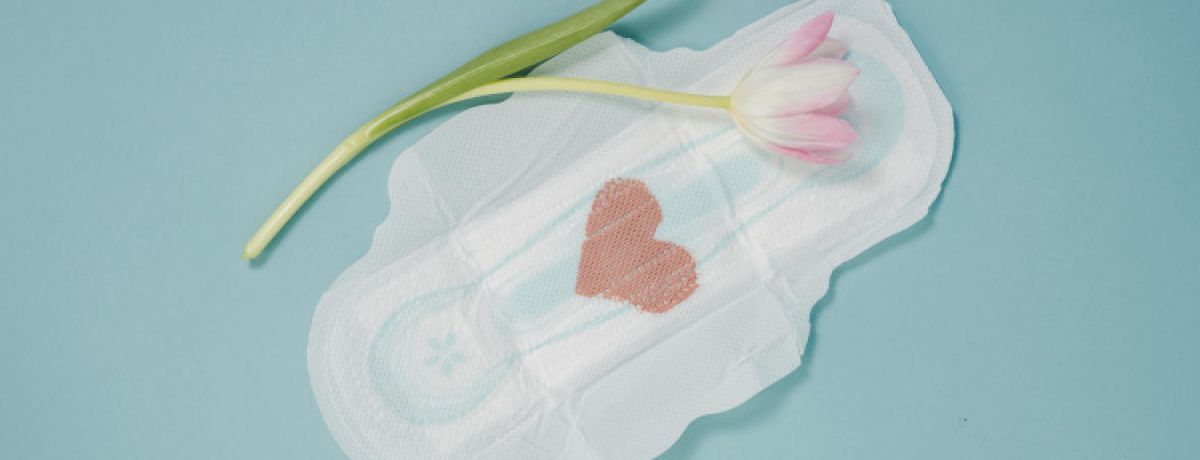 Penso branco com coração rosa feito de renda recortado em cima e uma tulipa rosa com a flor em cima numa representação da dignidade menstrual.