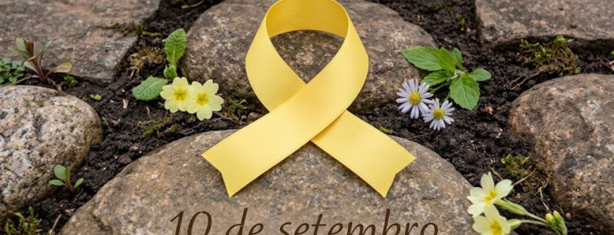 Pedras grandes sobre terra com flores amarelas e lilás e uma fita amarela ao centro, e a legenda "10 de setembro" e "Dia Mundial da Prevenção do Suicídio".