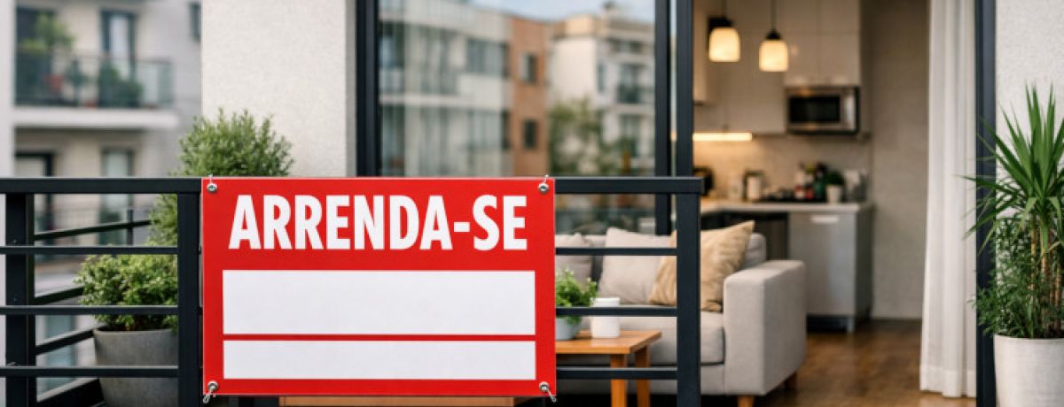 Varanda de apartamento com visão da sala e uma planta no canto, e um letreiro de "Arrenda-se" pendurado.