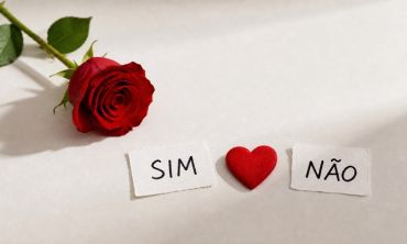 rosa vermelha e cartões de sim e não simbolizando o consentimento sexual separados por um coração vermelho