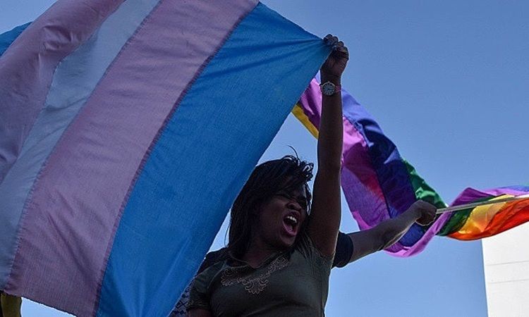 mulher segura em bandeira transexual e atrás surge bandeira LGBTQIAPN+